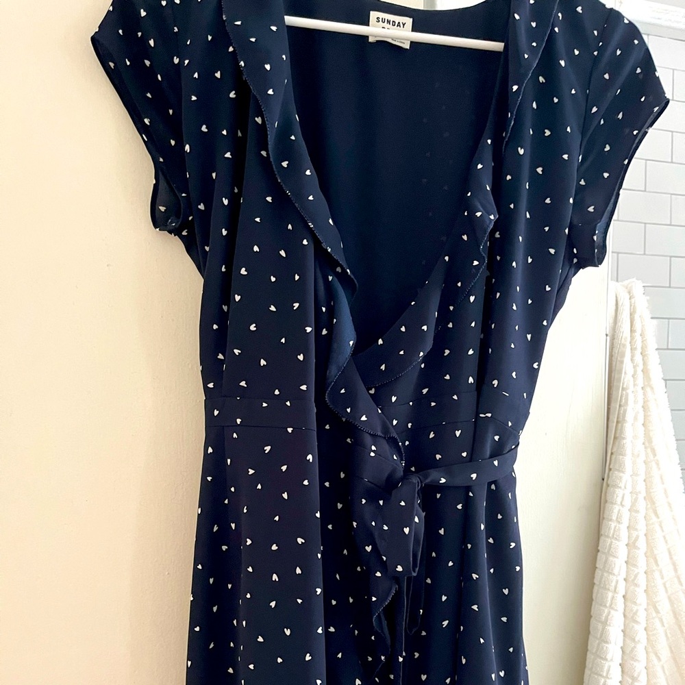 Sunday Best wrap dress, navy blue with white heart pattern